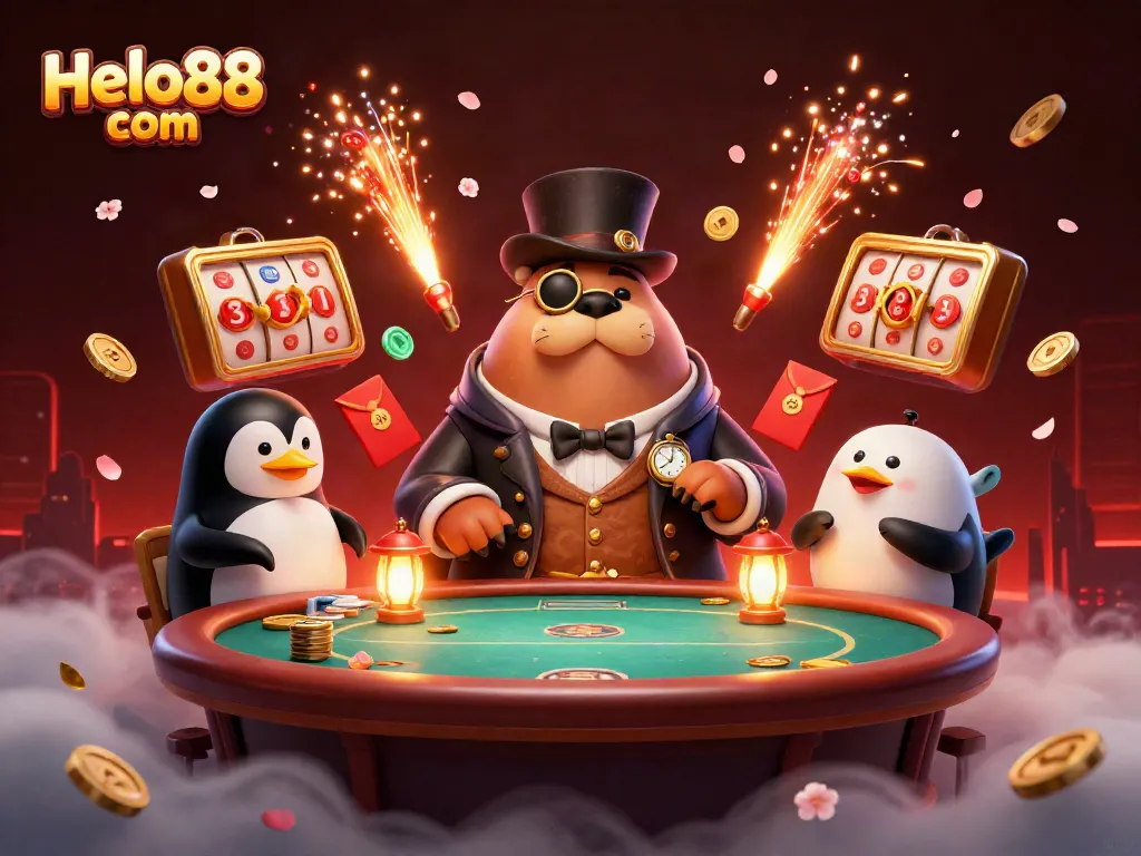Experience the thrilling atmosphere of Helo88 com with a jolly walrus at an underwater poker table.