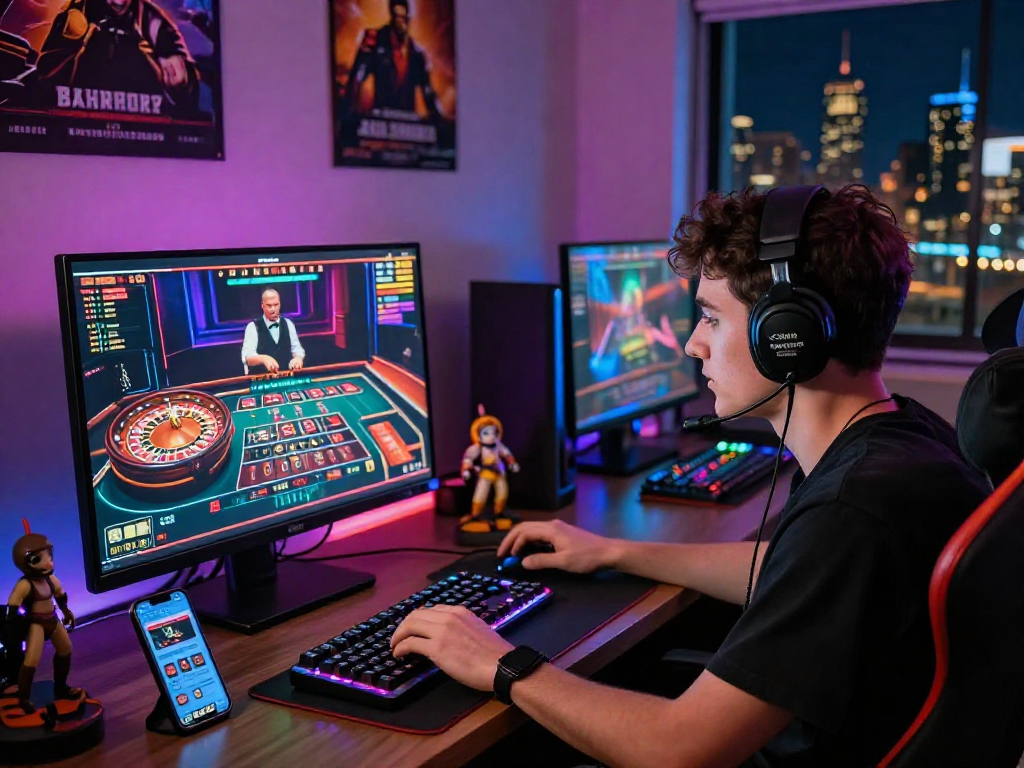 Giocatore concentrato su casino online non AAMS, illuminazione LED e accessori di gioco.