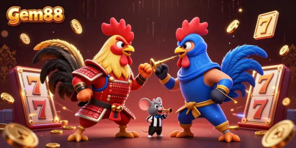 Experience exciting action at gem88 with 3D cartoon fighting roosters in a vibrant, dynamic casino scene.