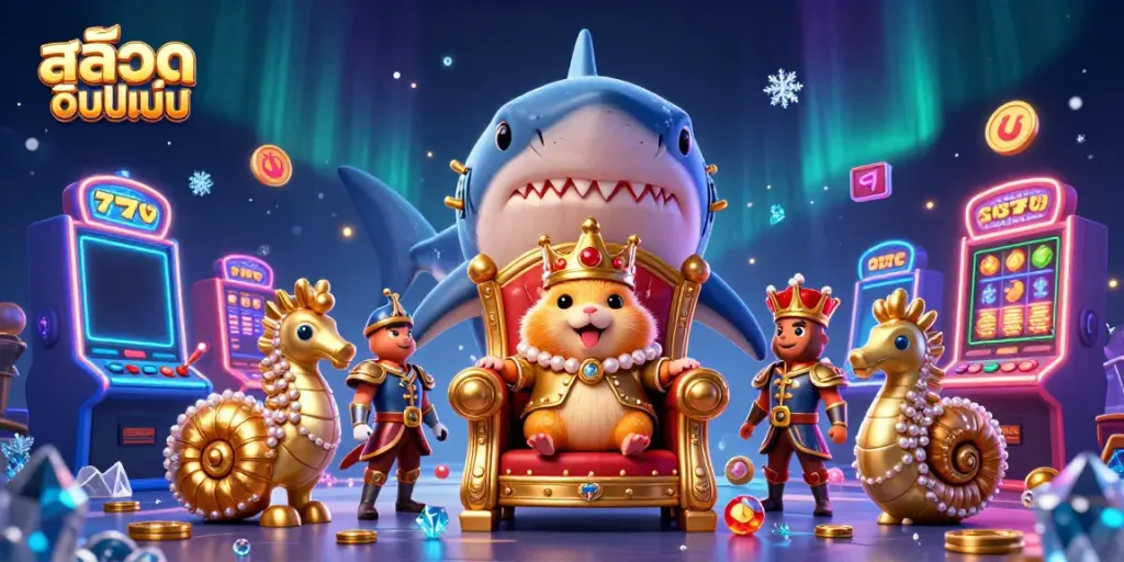Engage with the thrilling world of สล็อตออนไลน์ as a golden hamster king presides over a vibrant casino scene.