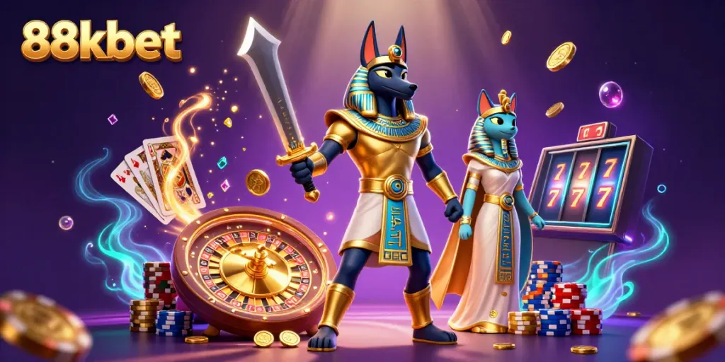 Visualize 88kbet's thrilling casino atmosphere with Anubis and Bastet, showcasing dynamic gaming elements.