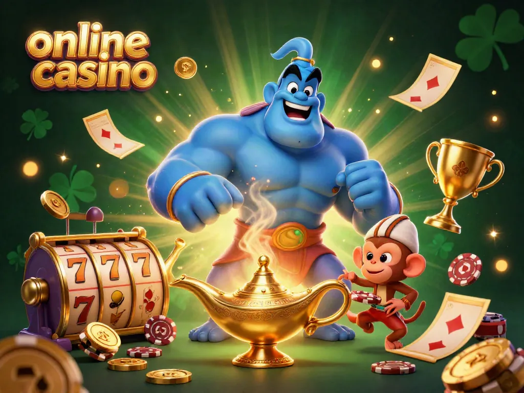 Engaging representation of an online casino theme with a genie, monkey, and colorful casino elements.