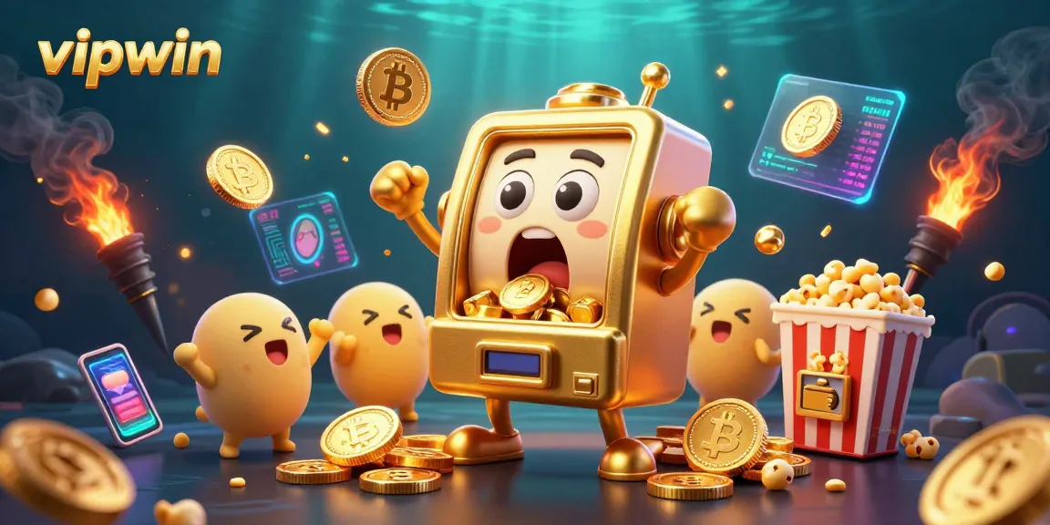 Spin and win with the vibrant vipwin slot machine jackpot celebration featuring golden coins and crypto elements.