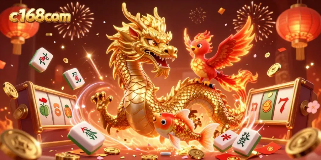 Engage with thrilling games at c168com featuring a vibrant casino atmosphere with golden dragon and phoenix.