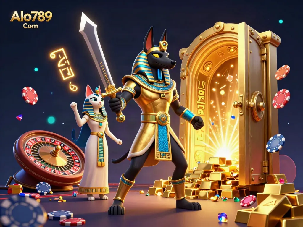Engage in exhilarating gameplay at Alo789 Com with a vibrant casino atmosphere and iconic Egyptian characters.