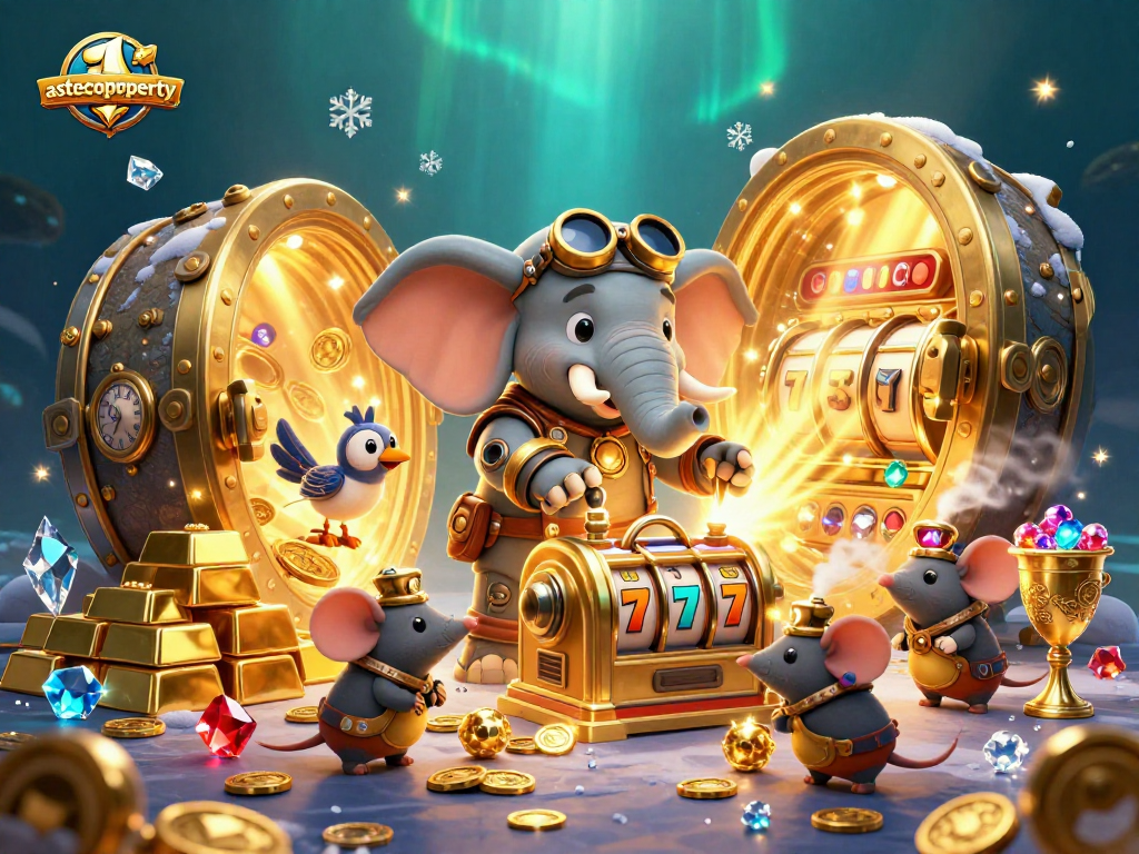 Spin fortune with astecoproperty's engaging 3D slot machine scene featuring lucky gems and gold!