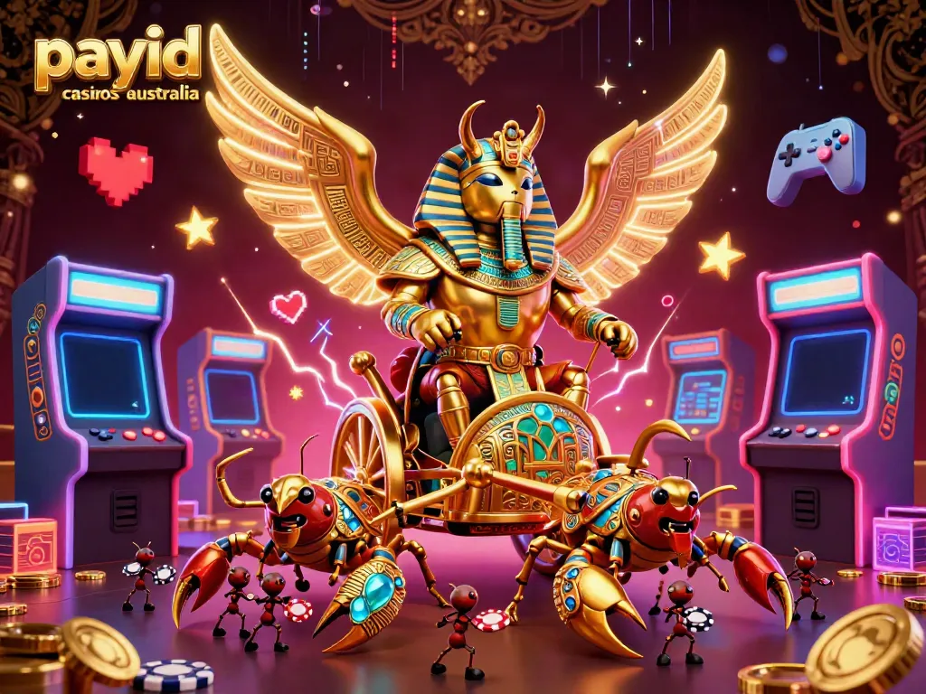 Experience thrilling gaming at payid casinos australia with this vibrant illustration showcasing a golden beetle and dynamic casino elements.