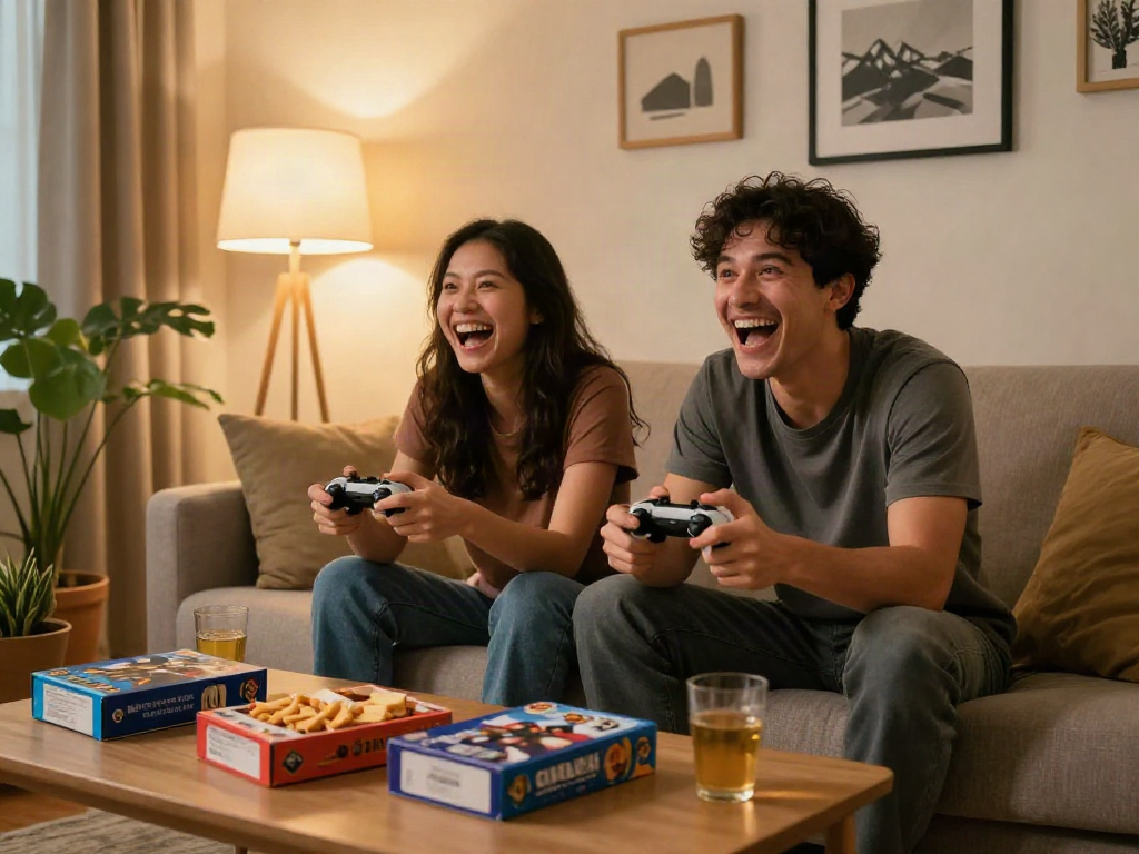 Couple enjoying a sex game in a cozy living room, laughter and excitement shared.