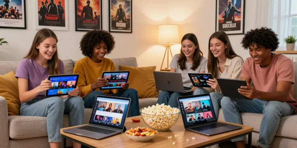Enjoying Cocoflix in a cozy living room with friends, streaming movies and shows.