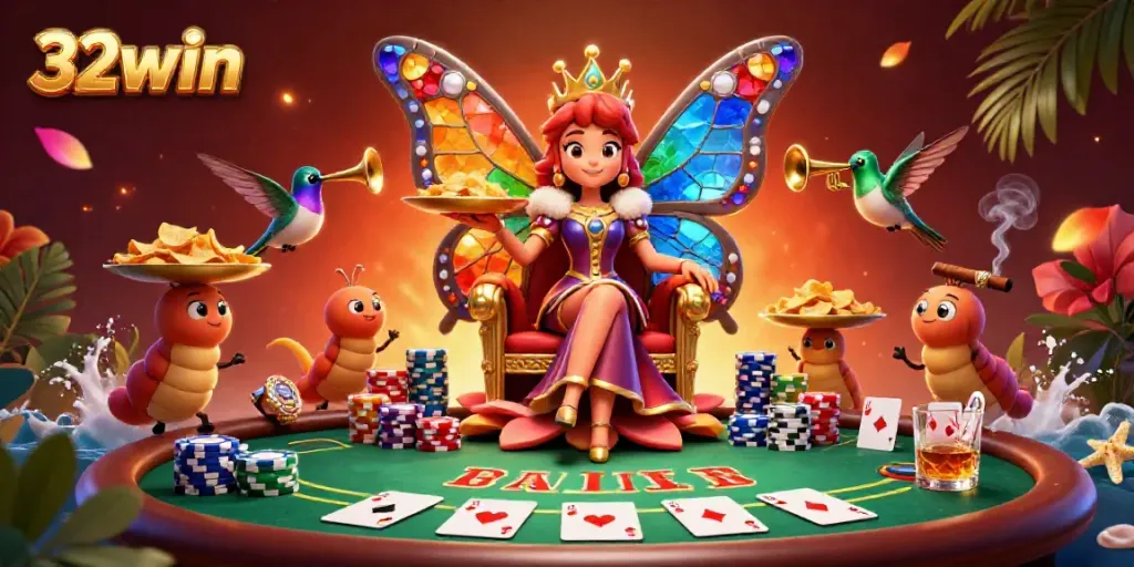 Experience vibrant 32win gaming action with a butterfly queen surrounded by poker elements in a dynamic casino scene.