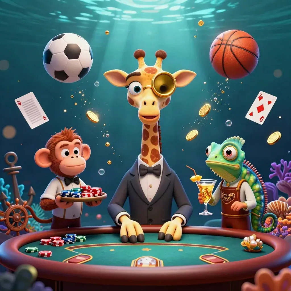 Giraffe, monkey, and chameleon in an underwater casino with coins, cards, and glowing sports balls.
