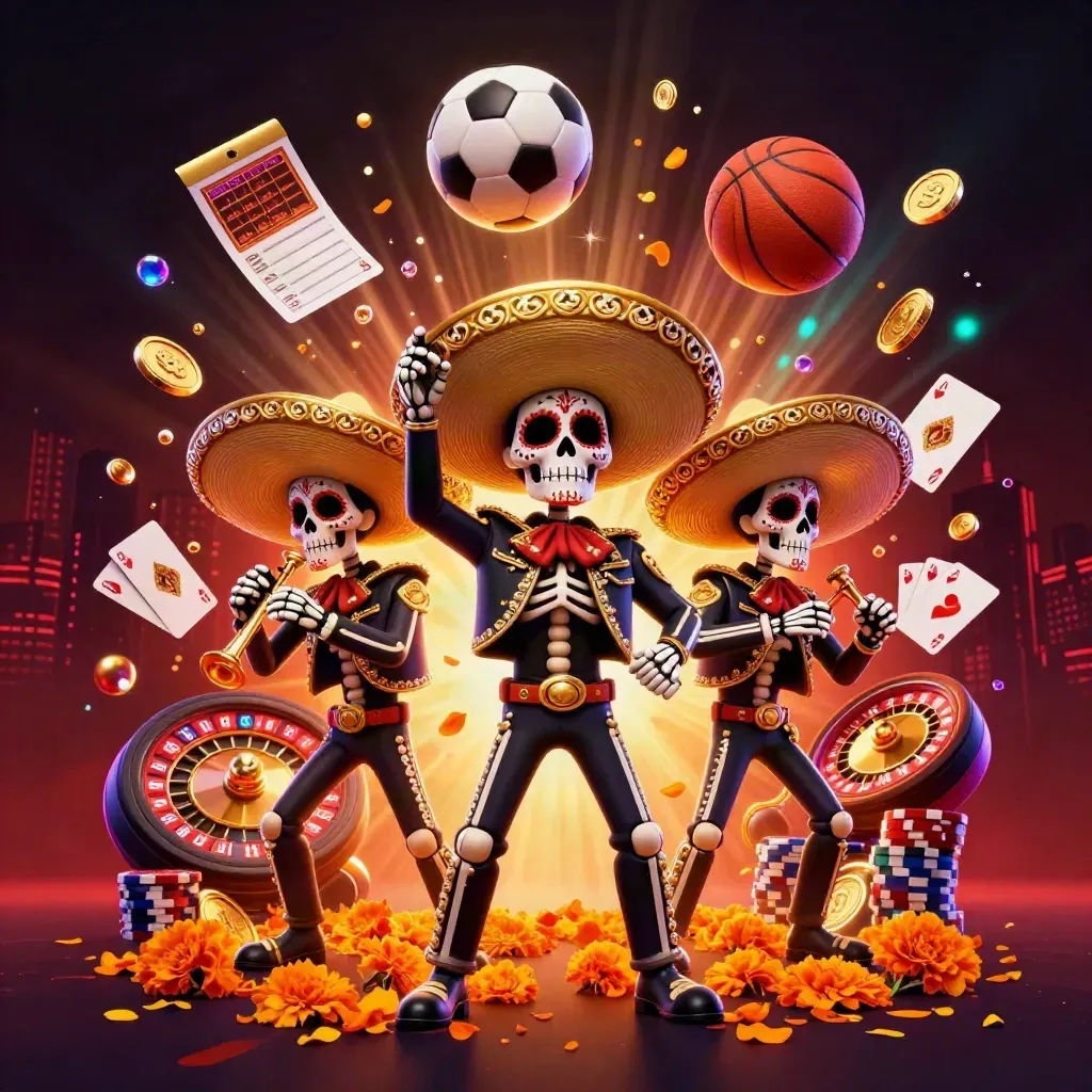 Skeleton mariachi trio amid flying coins, sports balls, cards and chips in neon casino light.