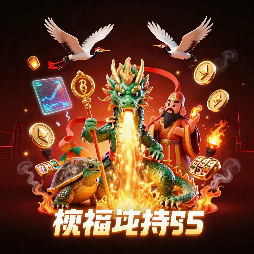 Jade dragon, turtle sage, and cranes amid gold fire, casino coins, neon lightning, dark red skyline.