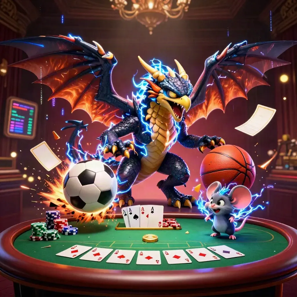 Dragon, hawk, and mouse in a casino sports burst with balls, chips, cards, and glowing lights.