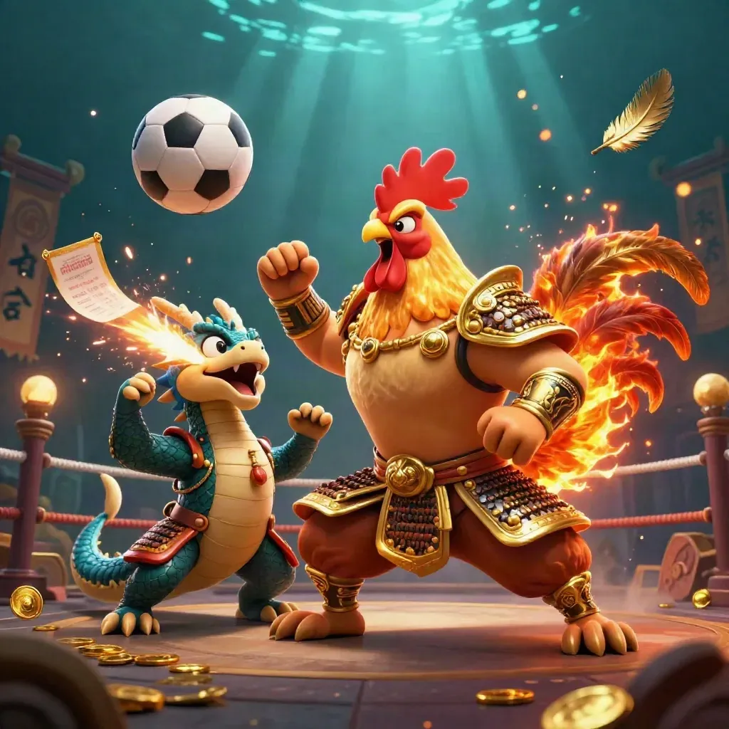 Rooster warrior, dragon hatchling and fortune-cat amid coins, balls and temple glow.