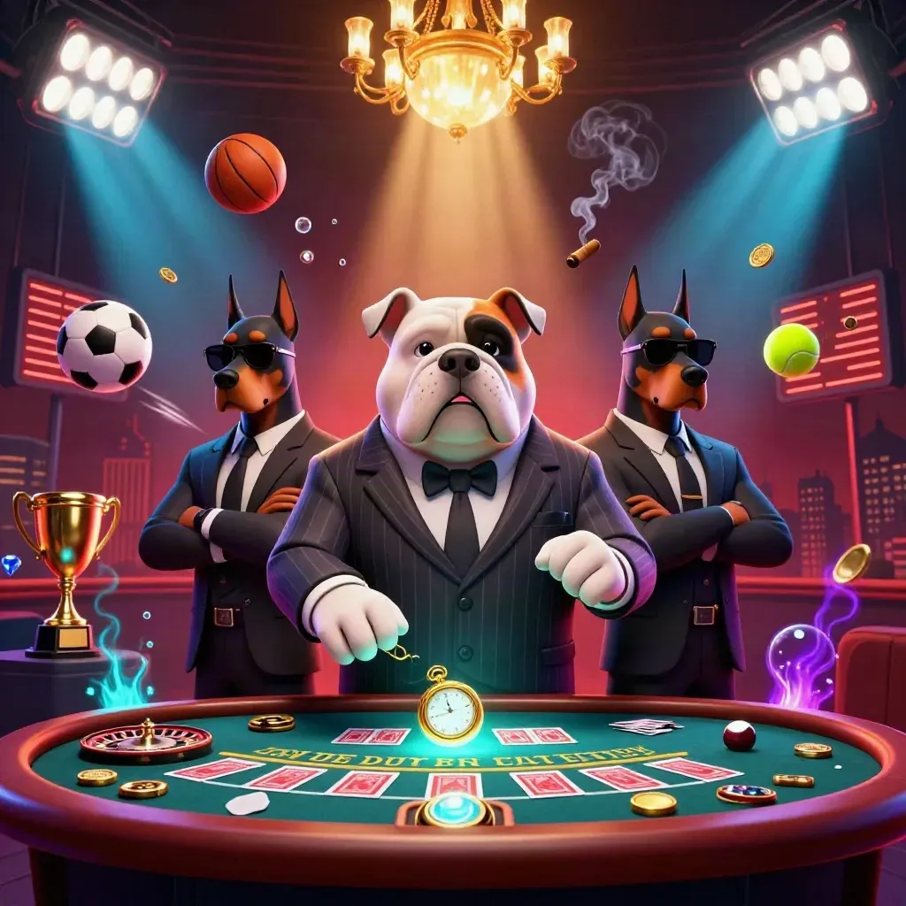 Bulldog mafia boss with Dobermans amid casino glam, roulette, sports balls, gold and neon light.