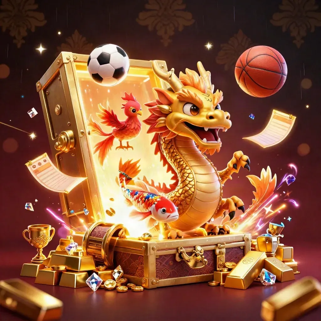 Golden dragon, phoenix and koi amid casino treasure, sports balls and vault light