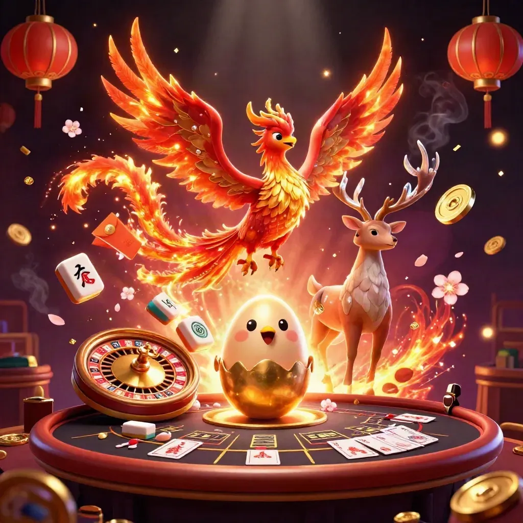 Fire phoenix, hatchling, and crystal-antlered stag in a luxe casino fantasy scene.