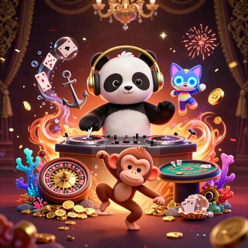 DJ panda, monkey, and glow-stick kitten in a luxe casino treasure cove with coins, cards, and sparks.