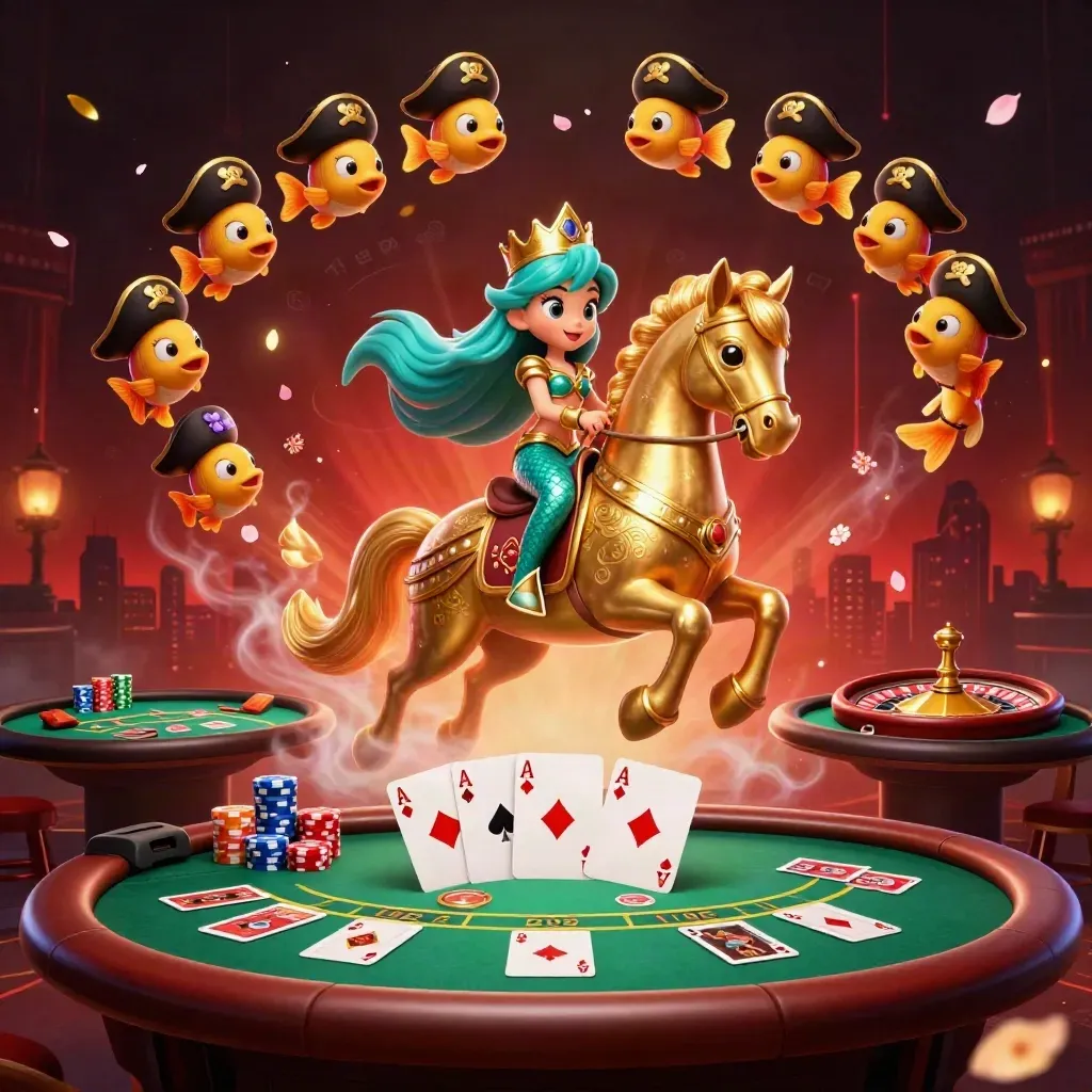 Mermaid princess rides a golden seahorse amid casino tables, chips, roulette and smoky neon glow.
