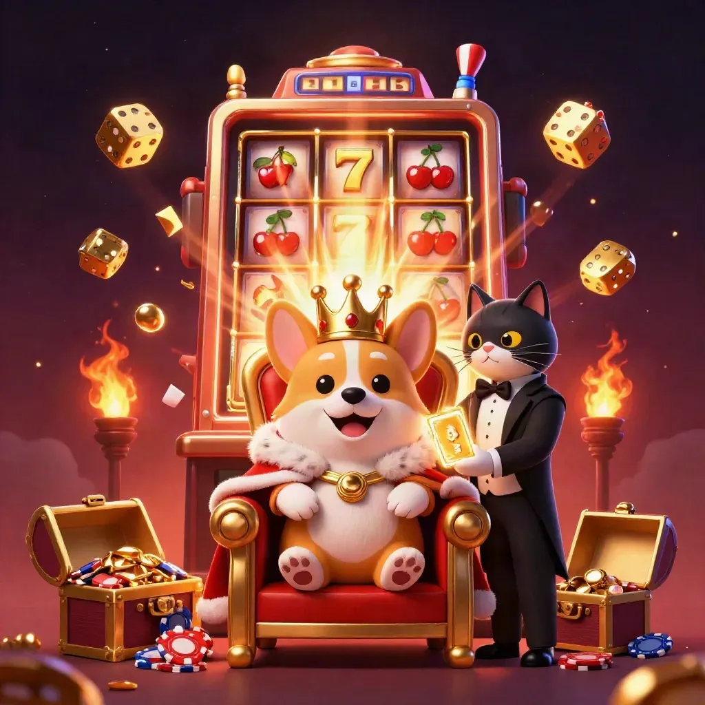 Royal corgi and cat butler amid jackpot bursts, gold, dice, and a glowing slot machine.