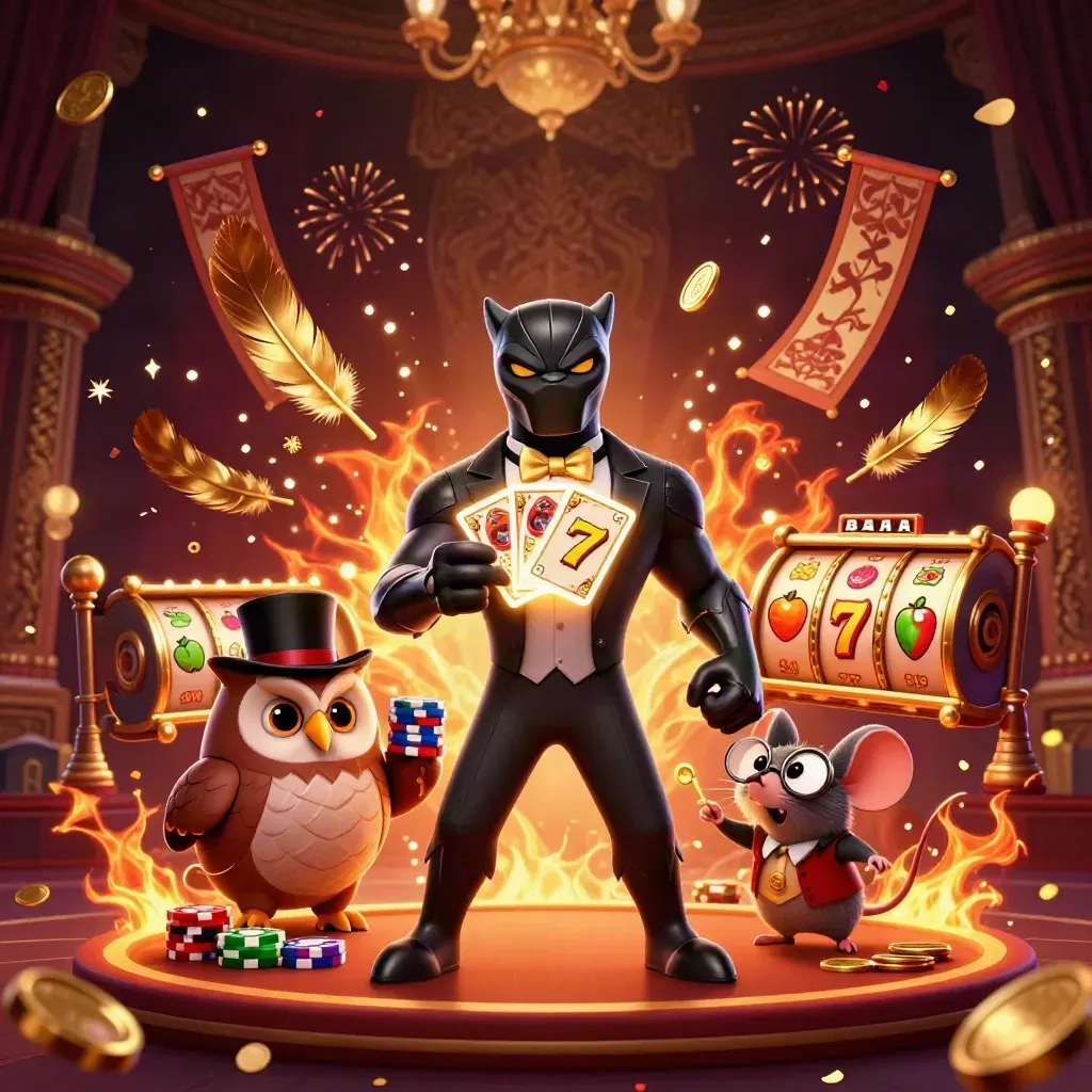 Black panther dealer, owl, and mouse amid casino magic, coins, temple gate, and fireworks.