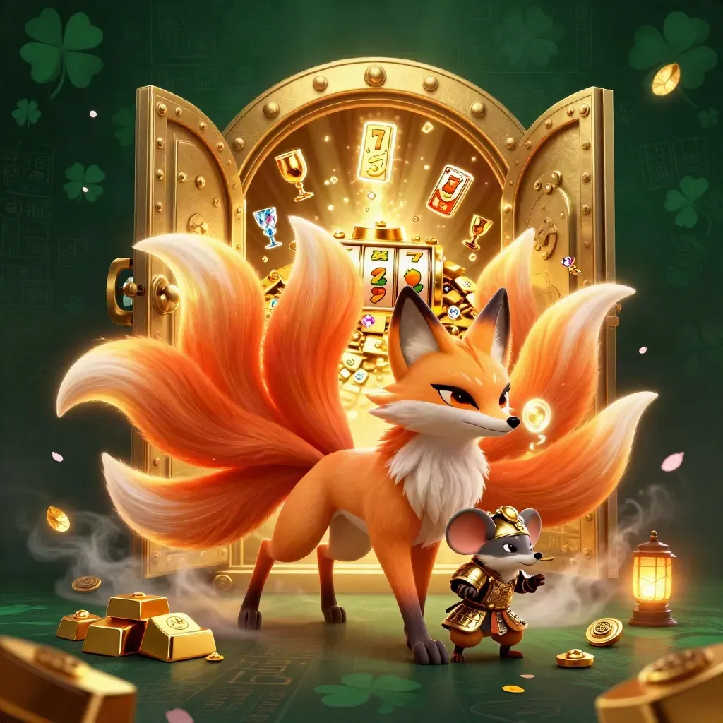 Nine-tailed fox spirit and gold-armored mouse beside a bursting treasure vault and casino loot.