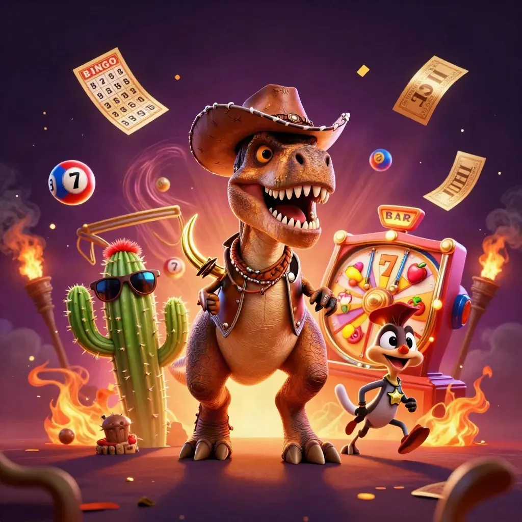 Cowboy T-Rex, cactus sidekick and roadrunner burst through casino game effects in neon glow.