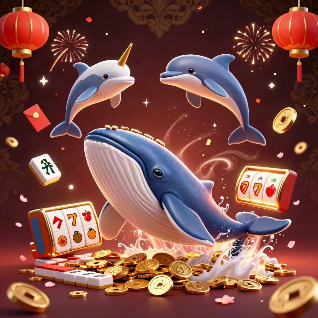 Whale captain, narwhal, and dolphins burst from coins with lanterns and jackpots.