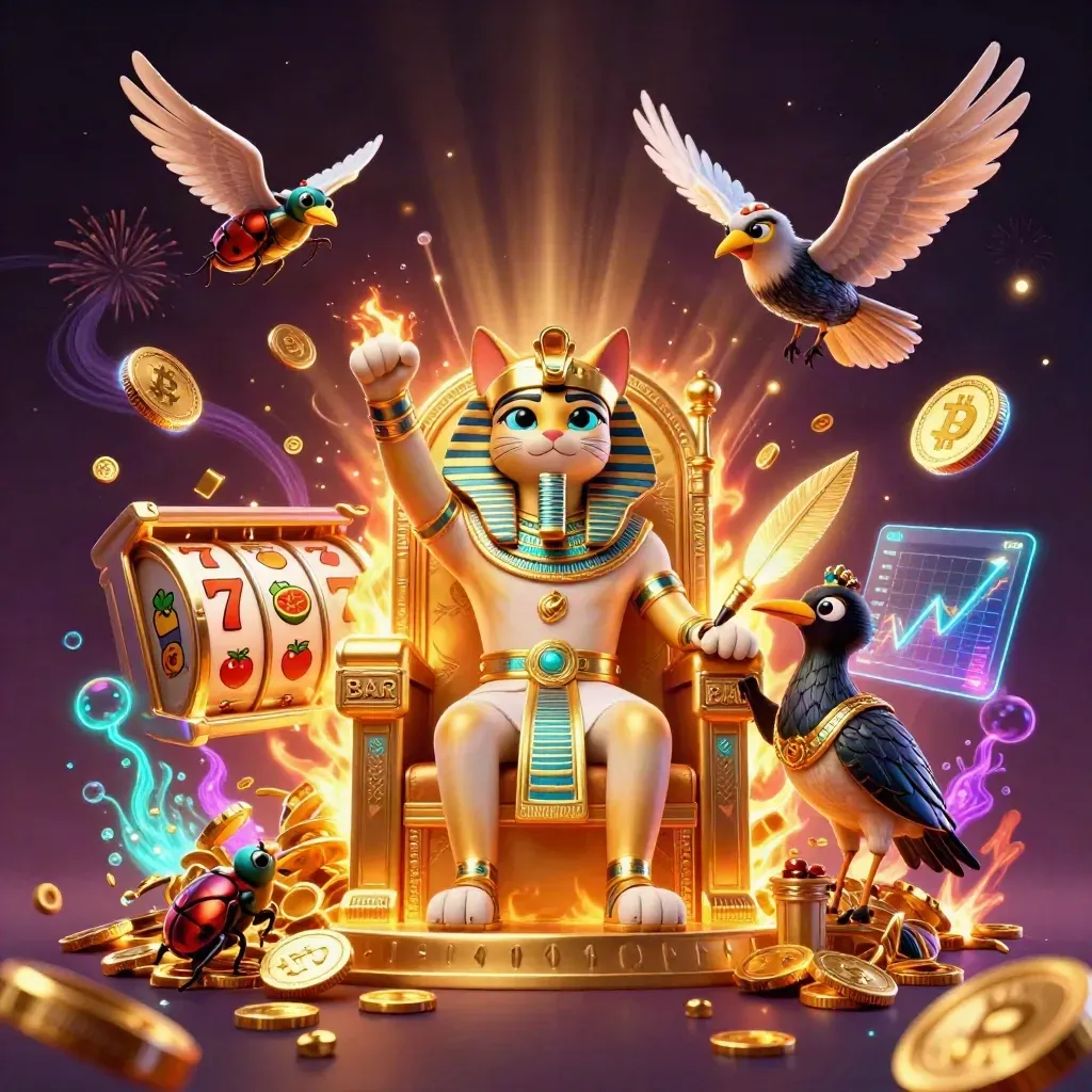 Pharaoh cat, ibis scribe and gem scarabs amid bursting coins, slots and neon crypto glow
