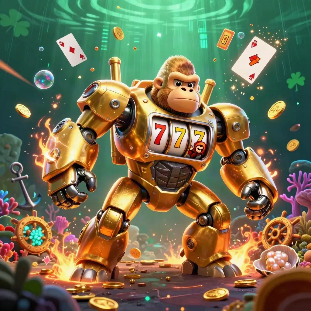 Golden gorilla mech with tiny monkey pilot blasts coins and neon sparks through an underwater treasure cove.