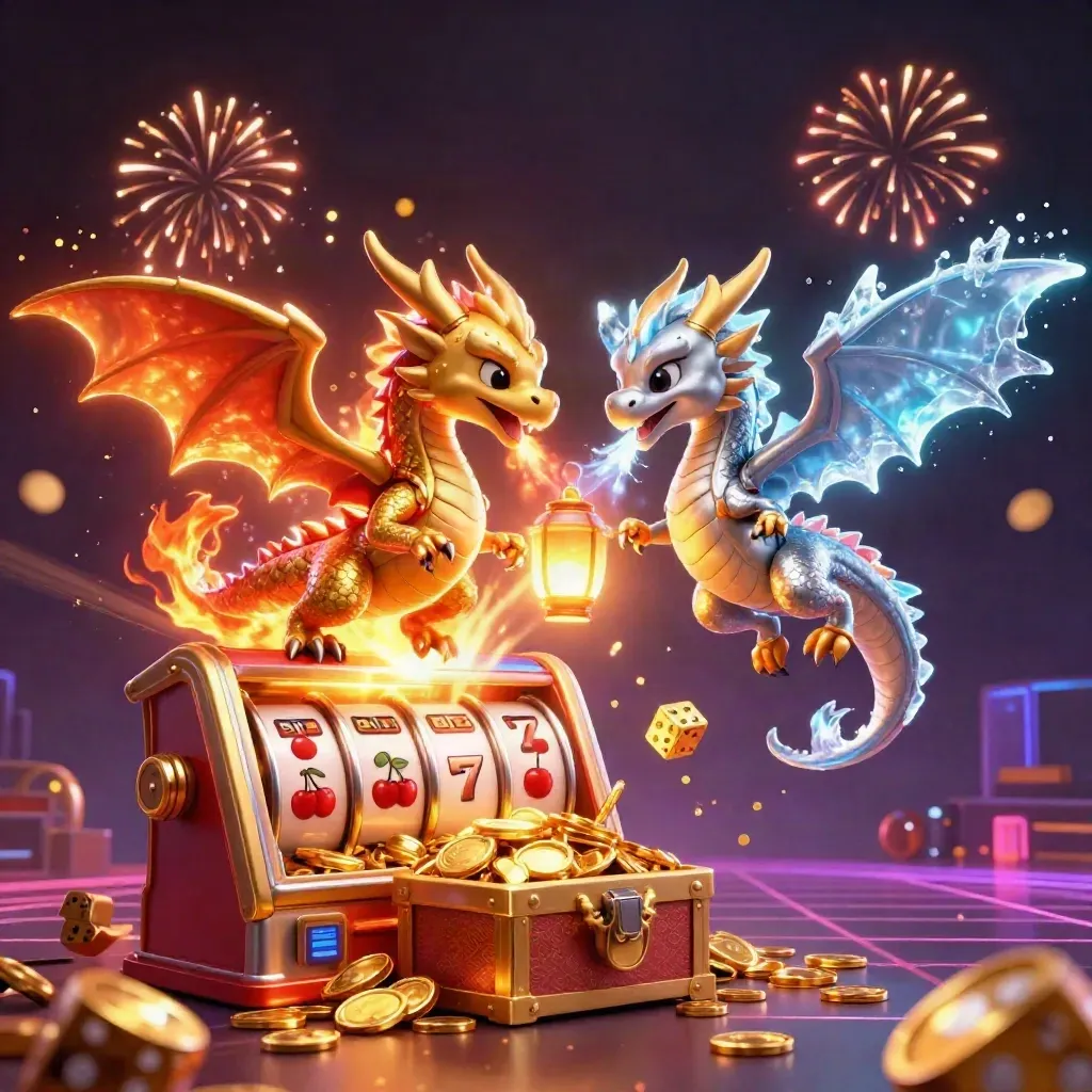 Twin gold and silver dragons burst from a slot machine with coins, fire, ice, and a treasure chest.