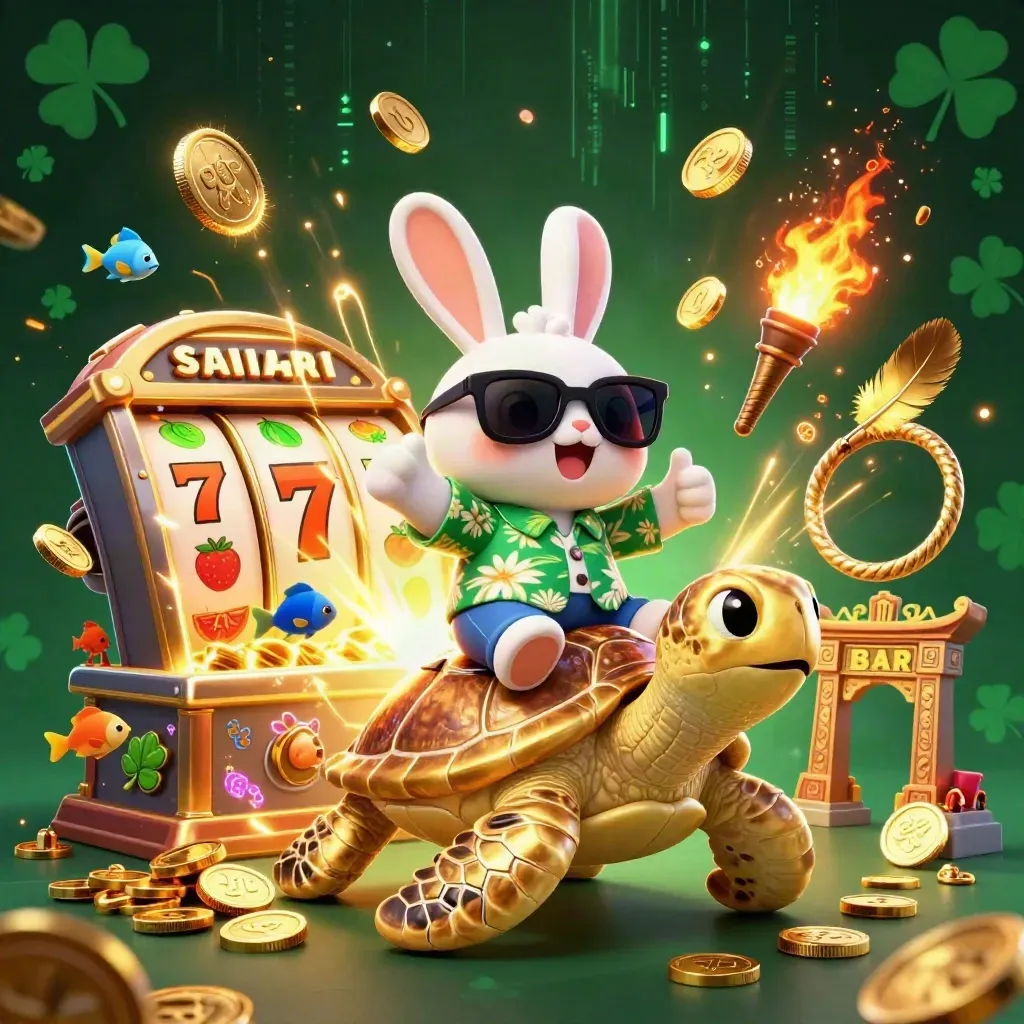 Rabbit rides a gold turtle amid coins, reels, fireworks, and casino magic