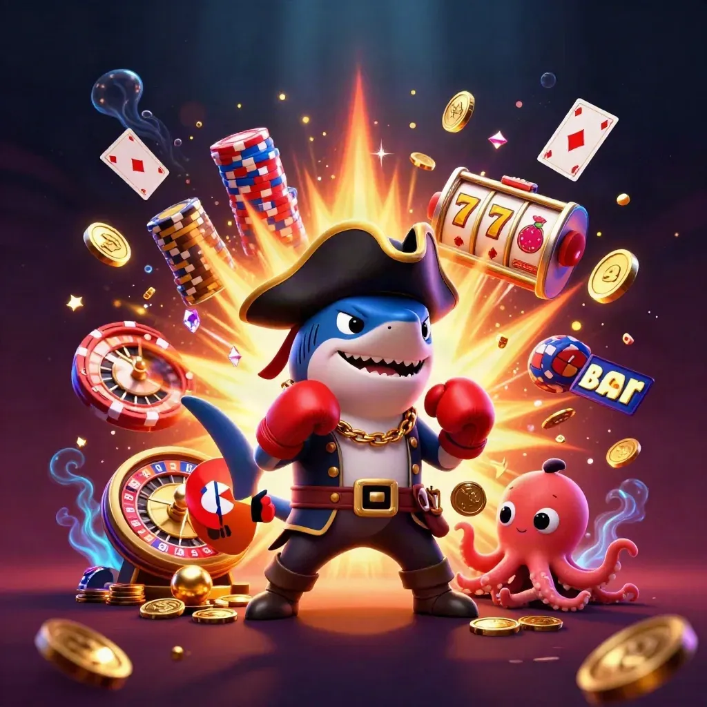 Pirate shark, boxing pufferfish, and coin-juggling octopus amid coins, chips, and neon casino magic