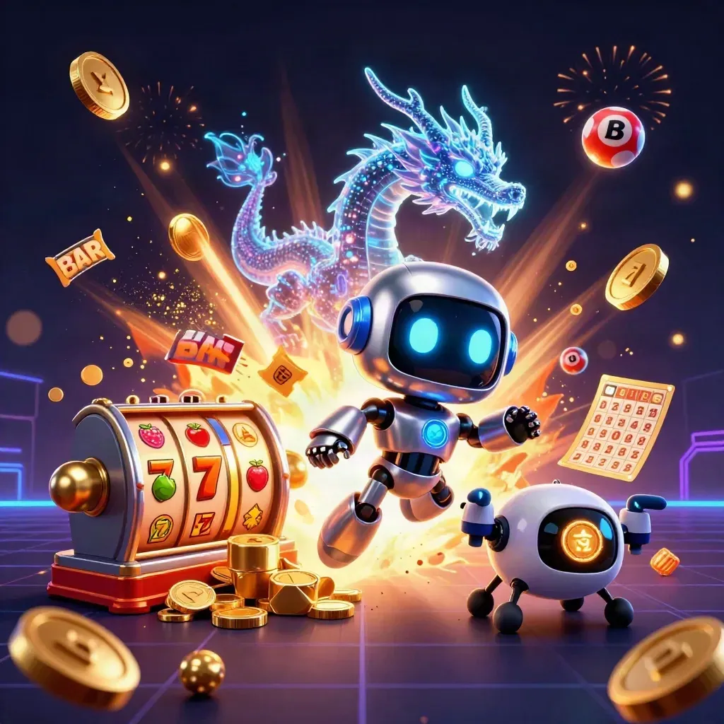 Cyberpunk robot, holographic dragon, and drone amid coins, reels, bingo, tickets, and fireworks.