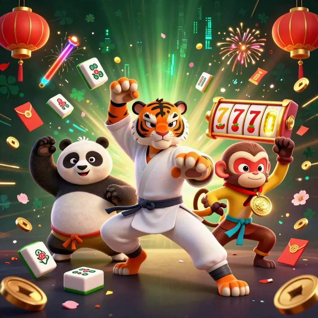 Kung-fu tiger, panda, and monkey amid glowing casino symbols and fire-lit jade energy.