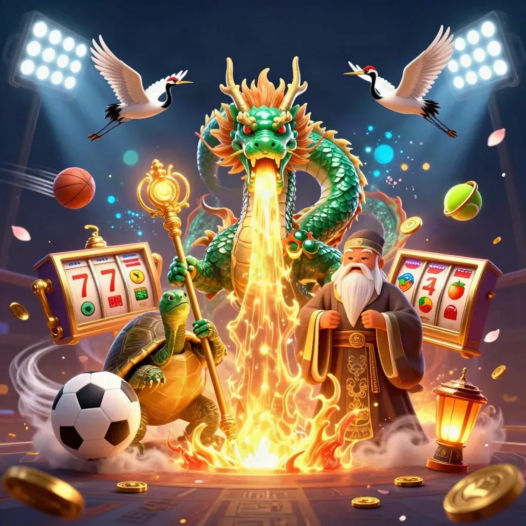 Dragon, turtle sage, and cranes amid casino and sports symbols on a dark glowing background.
