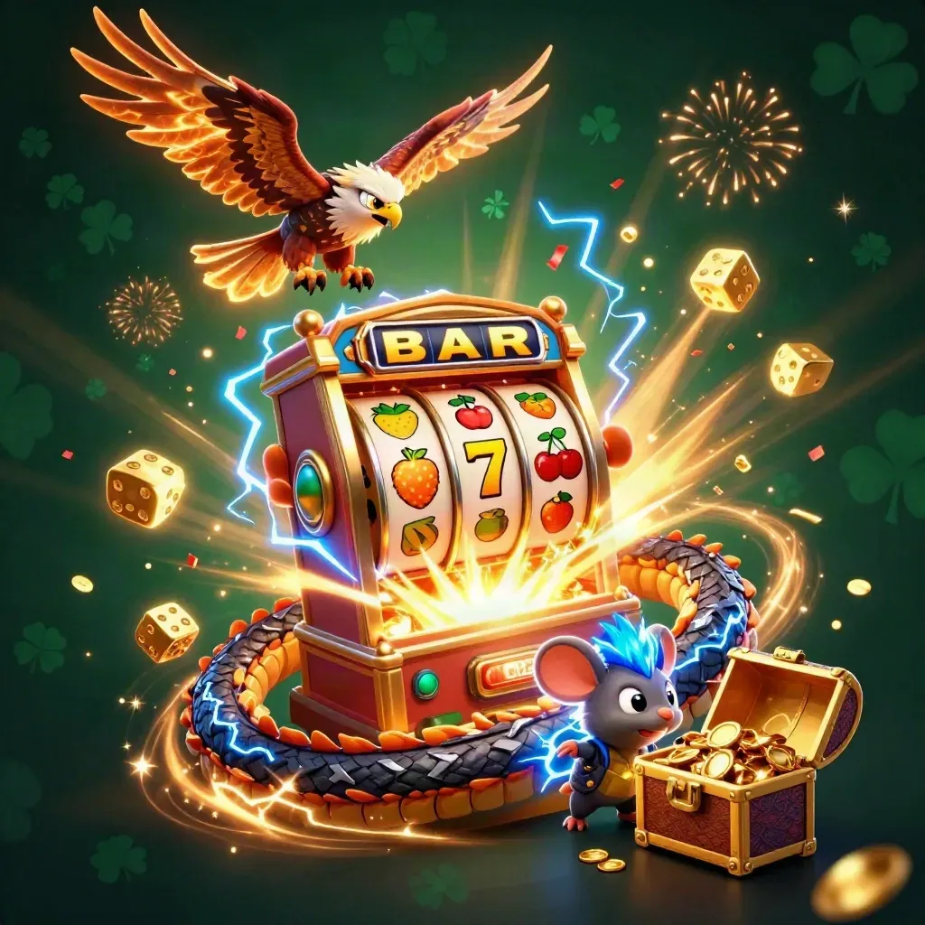 Thunder dragon, hawk, and mouse amid a jackpot slot blast, gold coins, fireworks, and dark emerald casino glow.