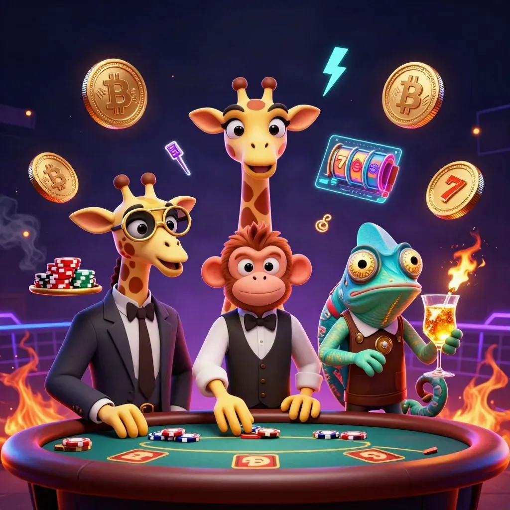 Three casino animals at a neon poker table amid coins, charts, reels, and ember glow.