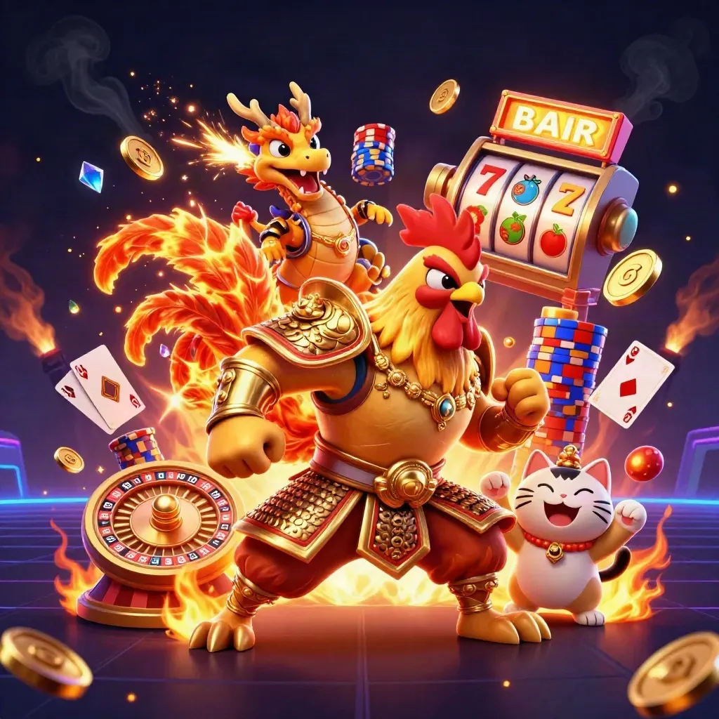 Rooster warrior, dragon hatchling and fortune cat amid coins, reels and chips in ember-orange casino glow.