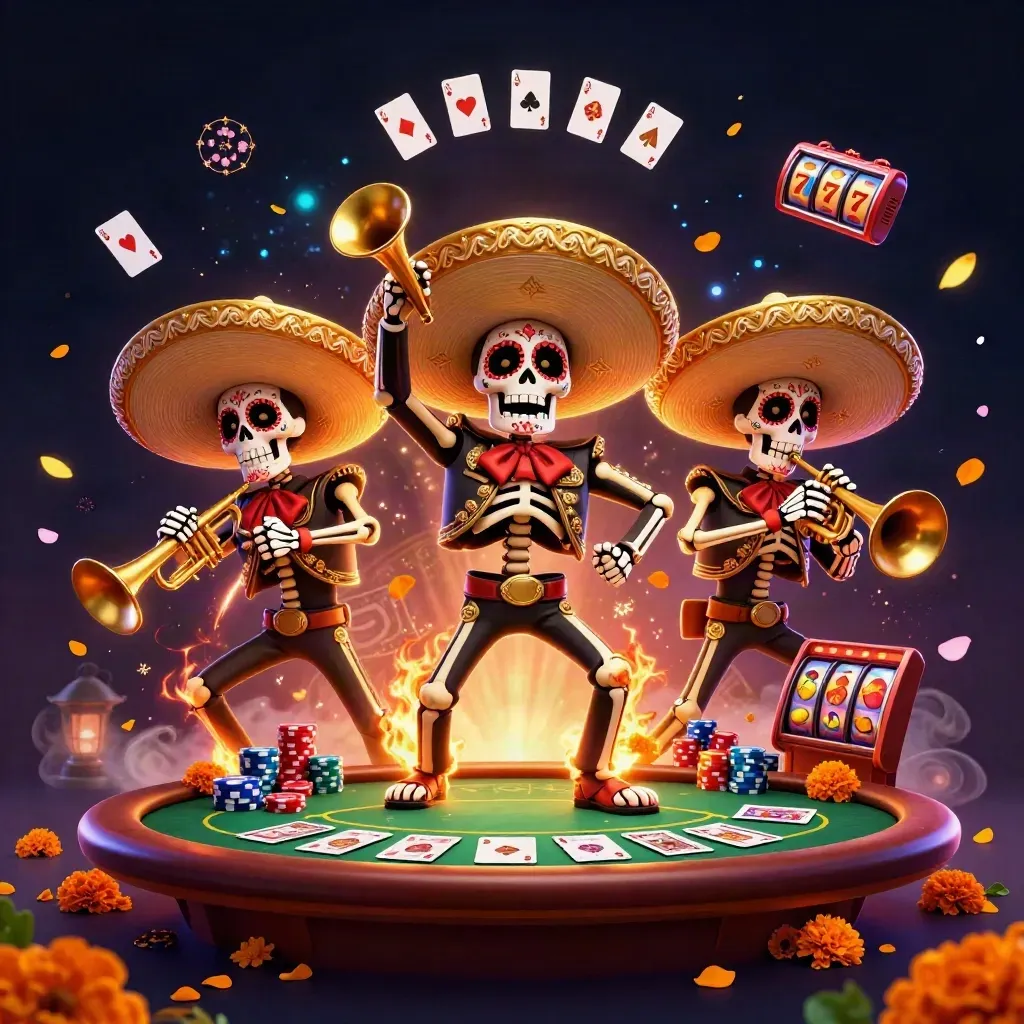 Skeleton mariachi trio over poker chips, aces, slot reels, and glowing casino magic.