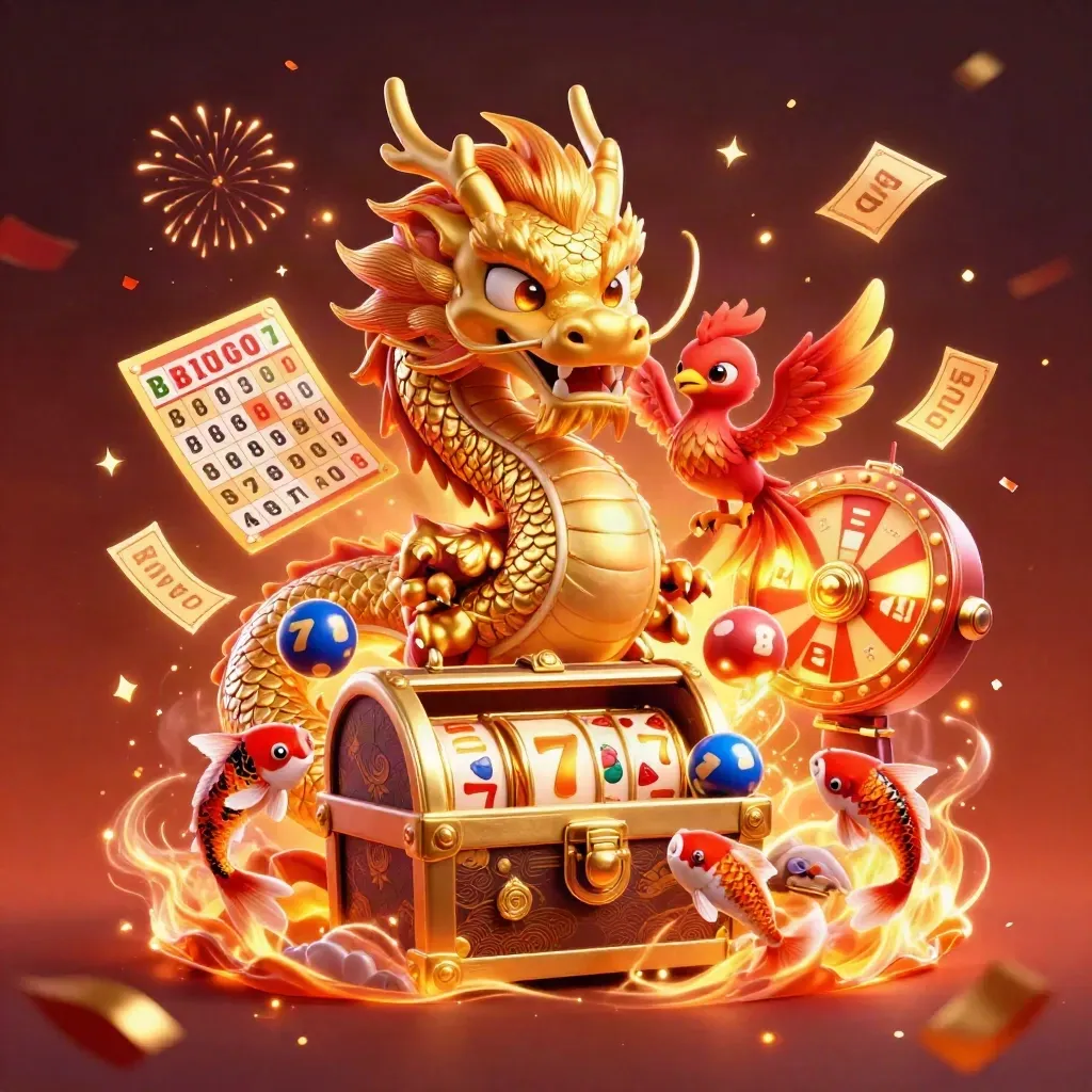 Golden dragon, phoenix, and koi amid casino prizes, confetti, and ember glow.