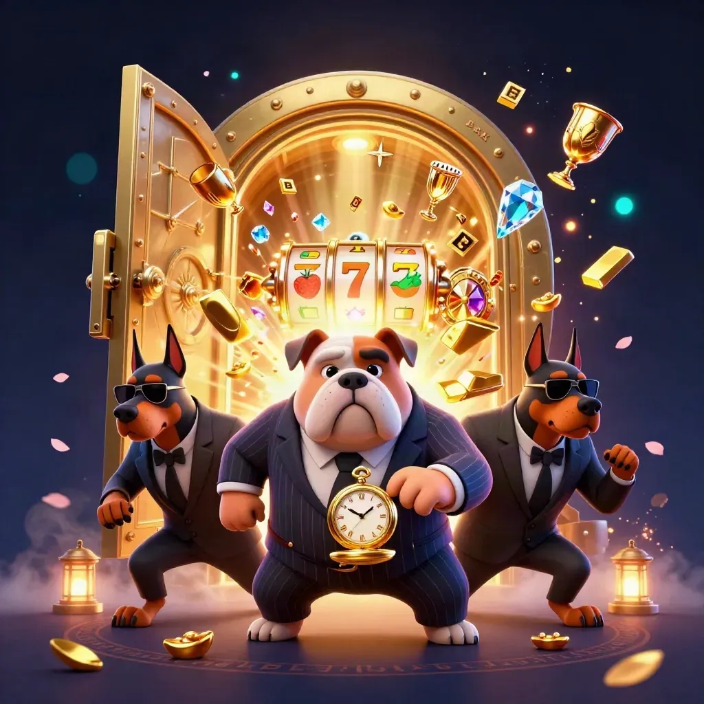 Bulldog mob boss and two Dobermans burst from a glowing vault with casino loot and neon effects.