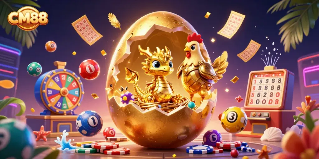 Experience CM88's vibrant gaming scene with a golden baby dragon, poker chips, and dynamic lottery elements.
