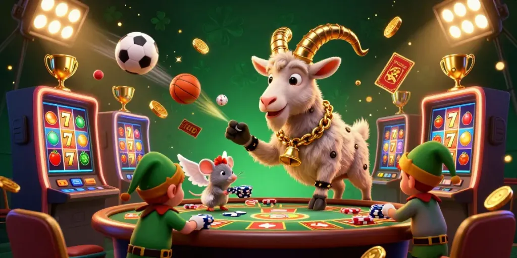 Engage with the exciting casino scene at ok-9 featuring a Krampus goat managing chaos as elf gremlins steal poker chips.