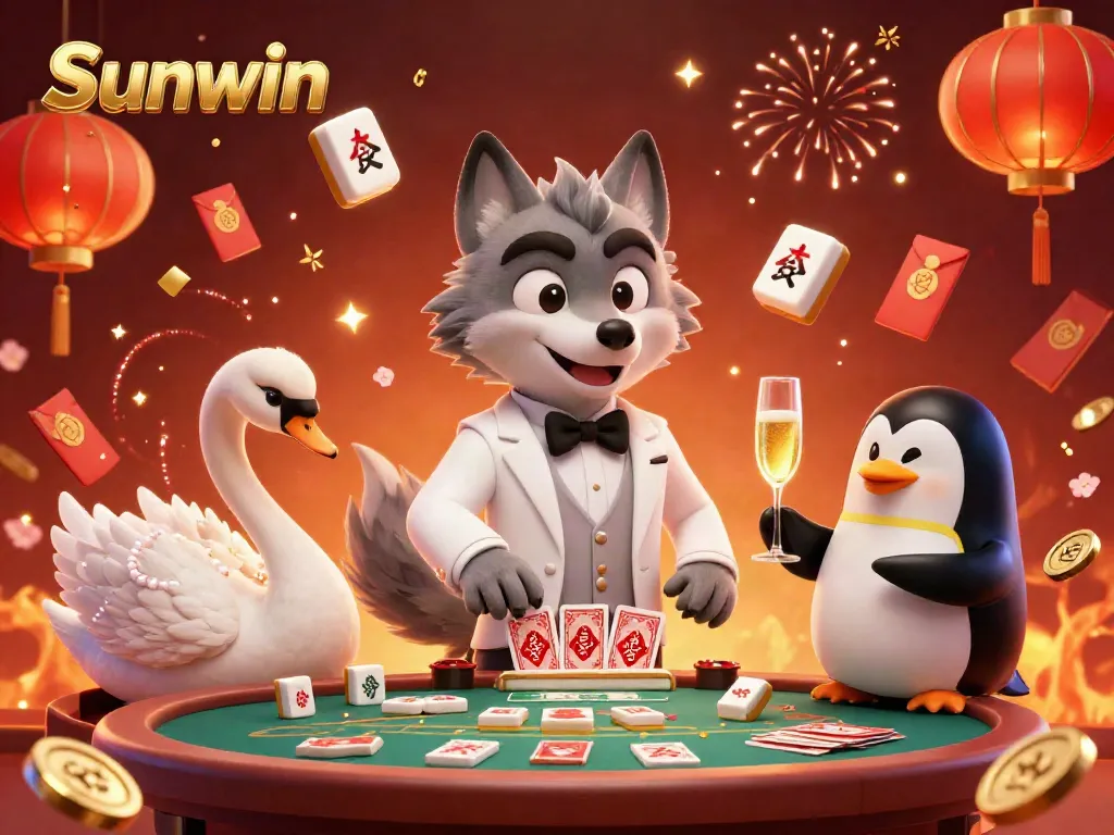 Experience the thrills of Sunwin as a debonair wolf and friends celebrate at a vibrant baccarat table.