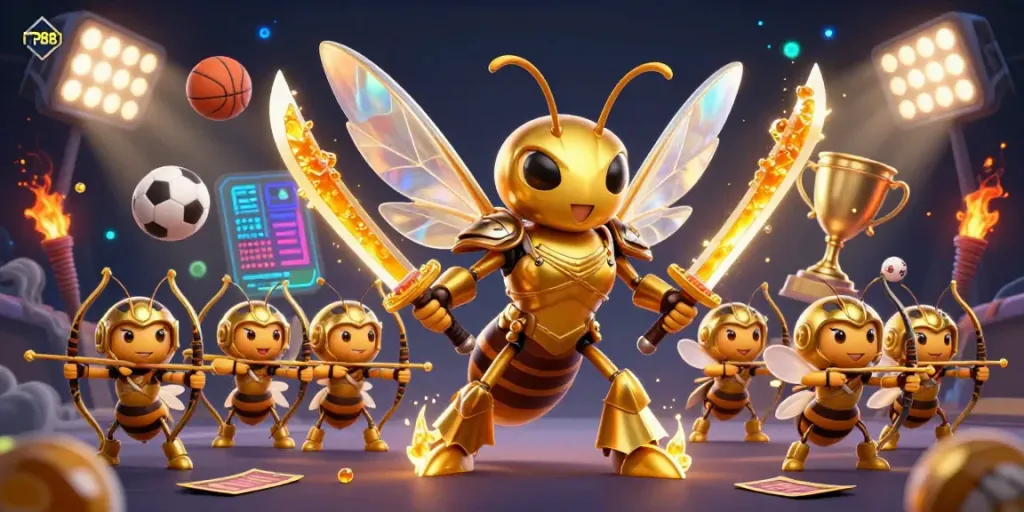 Experience thrilling action at TP88 with a dynamic display featuring a samurai hornet and bee archers in an engaging gambling-themed illustration.