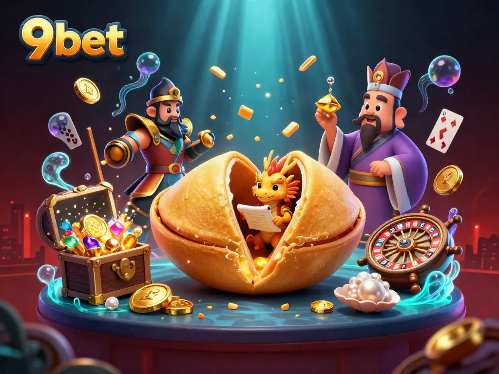 Experience the thrill of 9bet with a vibrant 3D casino illustration showcasing treasure and games.