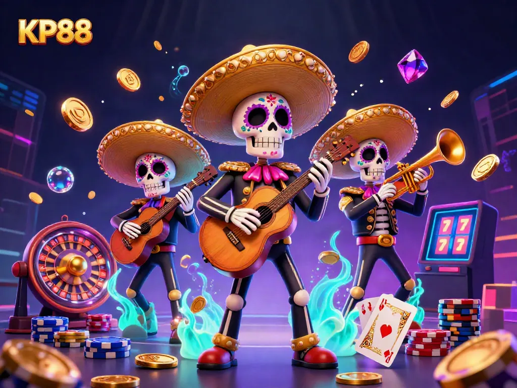Experience the vibrant energy of KP88 with a mariachi band amidst golden casino elements.