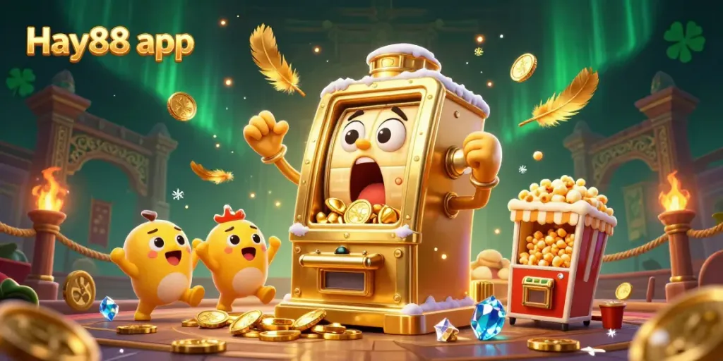 Experience excitement with Hay88 app as cartoon slot machines celebrate a jackpot win amidst vibrant casino elements.
